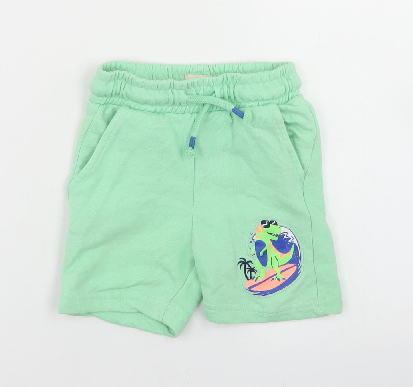 F&F Boys Green  Cotton Cropped Trousers Size 18-24 Months  Drawstring - Surfing Dinosaur