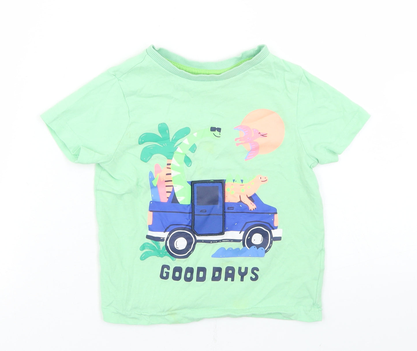 F&F Boys Green  Cotton Basic T-Shirt Size 18-24 Months Crew Neck  - Dinosaurs