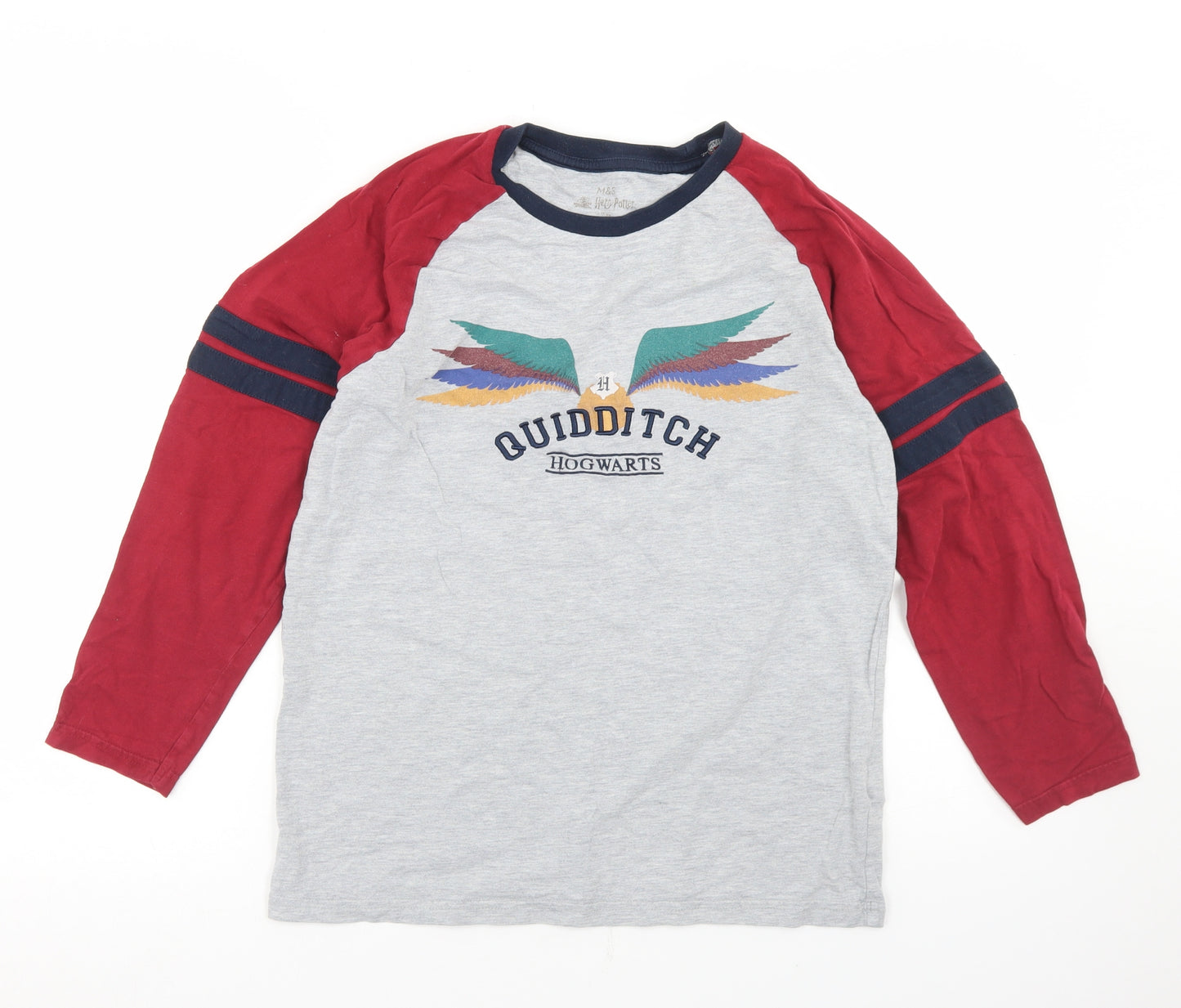 Marks and Spencer Boys Grey Colourblock Cotton Ringer T-Shirt Size 12-13 Years Crew Neck  - Quidditch