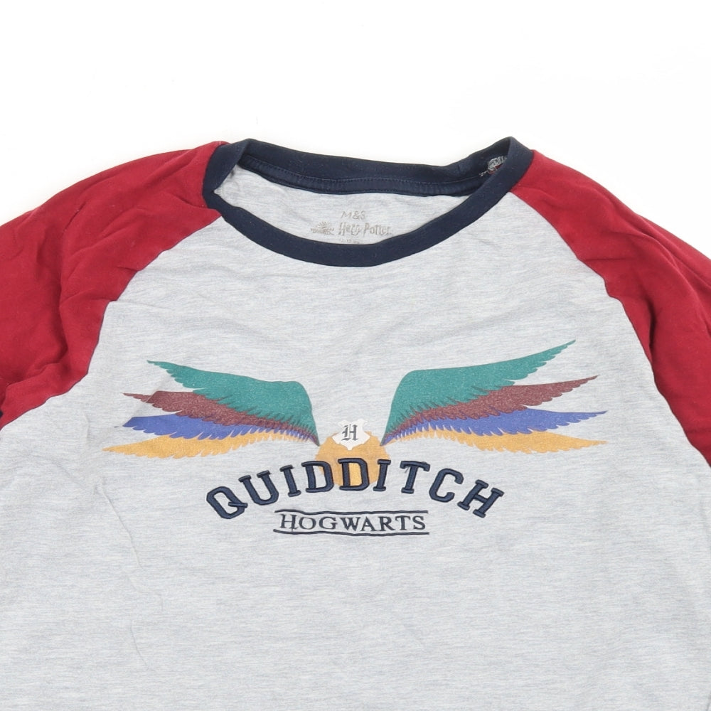 Marks and Spencer Boys Grey Colourblock Cotton Ringer T-Shirt Size 12-13 Years Crew Neck  - Quidditch