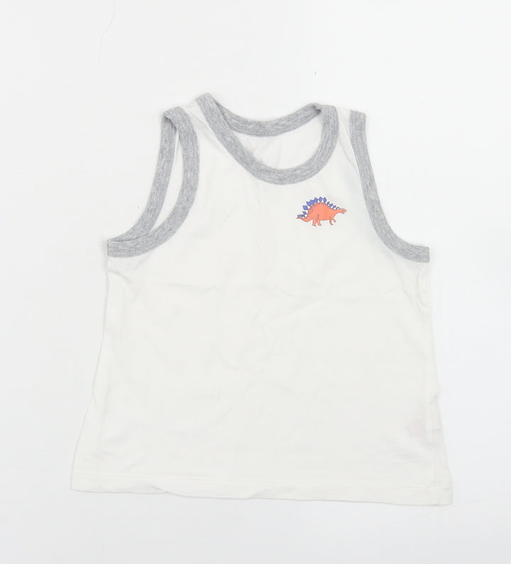TU Boys White  Cotton Basic Tank Size 3-4 Years Crew Neck  - Dinosaurs