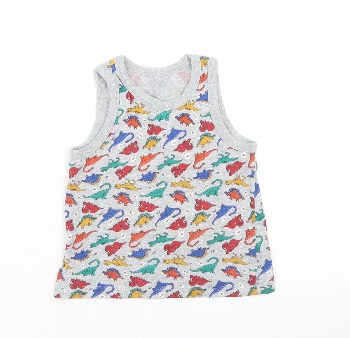 TU Boys Grey Geometric Cotton Basic Tank Size 3-4 Years Crew Neck  - Dinosaur Print
