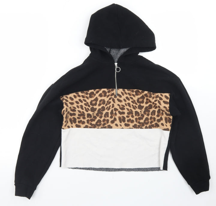 Matalan Girls Black Colourblock Cotton Pullover Hoodie Size 12 Years Zip - Cropped