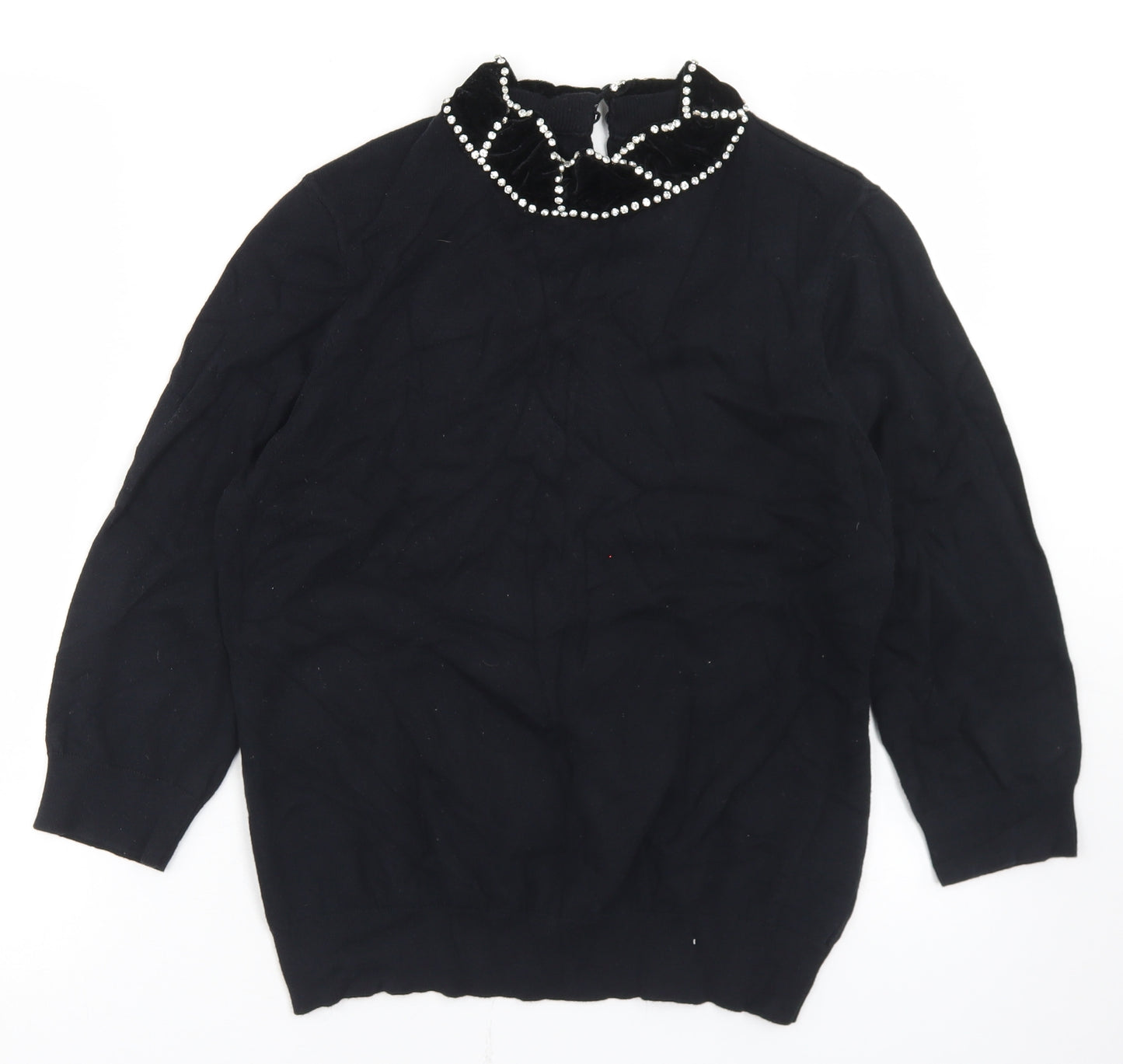 Savida Womens Black Crew Neck  Cotton Pullover Jumper Size L   - Velour Collar