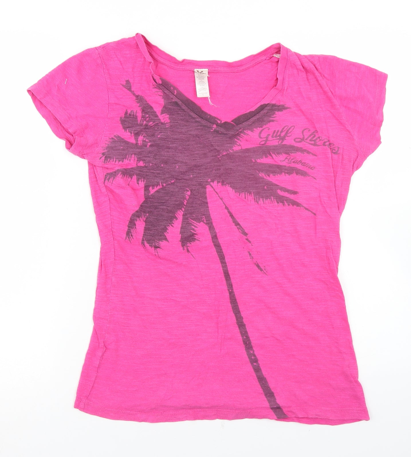 Coastal Classics Womens Pink  Cotton Basic T-Shirt Size L V-Neck - Palm Tree