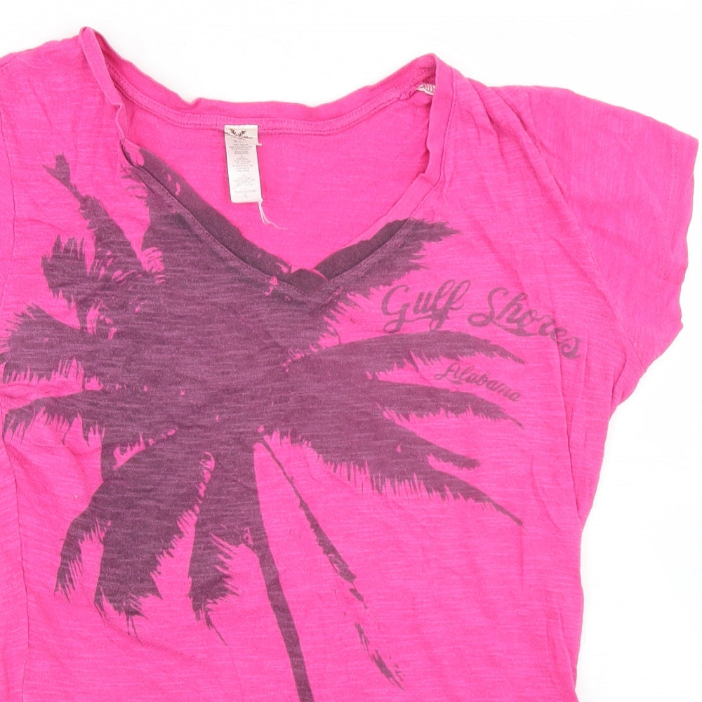 Coastal Classics Womens Pink  Cotton Basic T-Shirt Size L V-Neck - Palm Tree