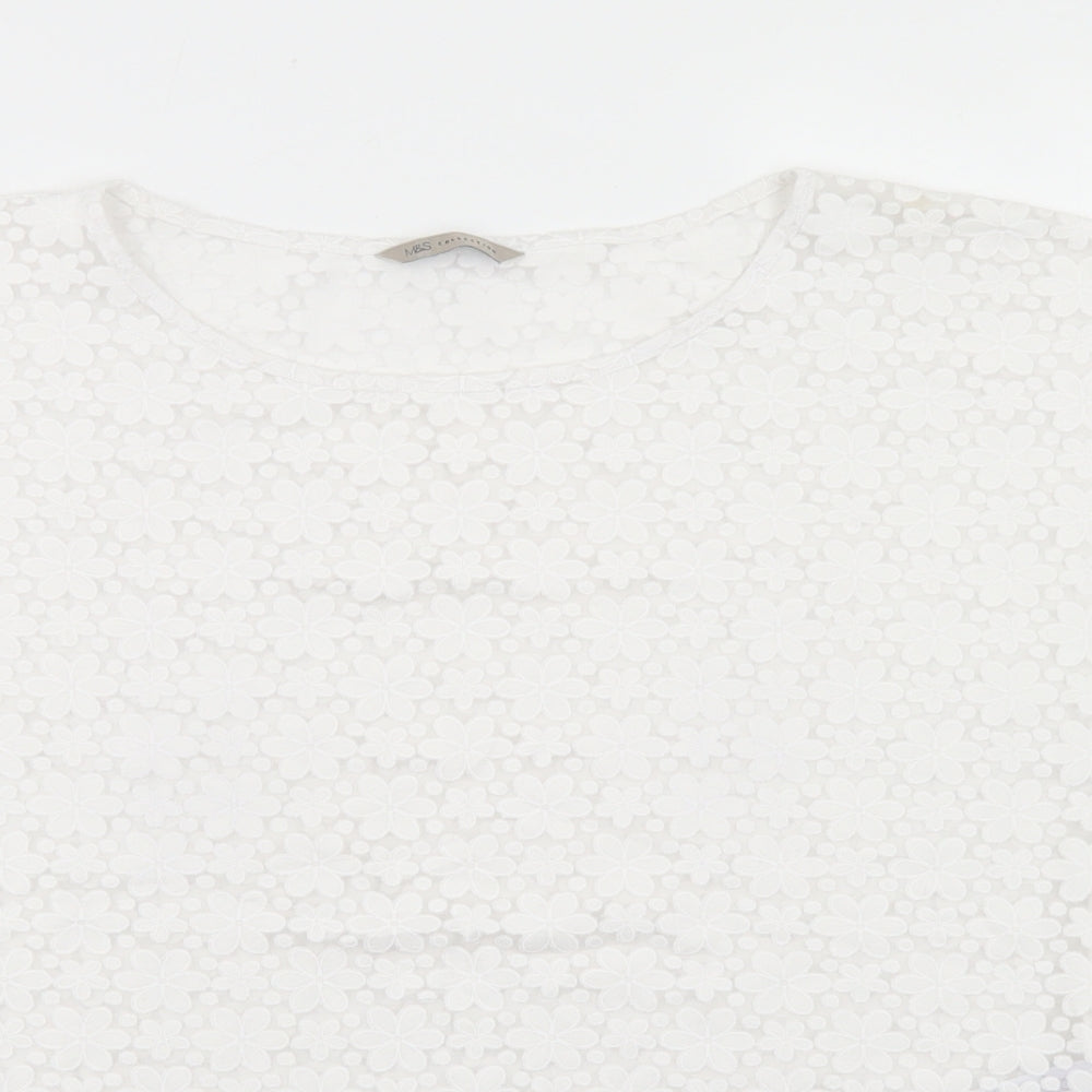 Marks and Spencer Womens White Floral Viscose Basic T-Shirt Size 14 Round Neck