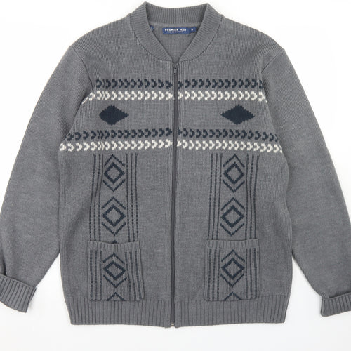 Premier Man Mens Grey Mock Neck Argyle/Diamond Acrylic Full Zip Jumper Size M