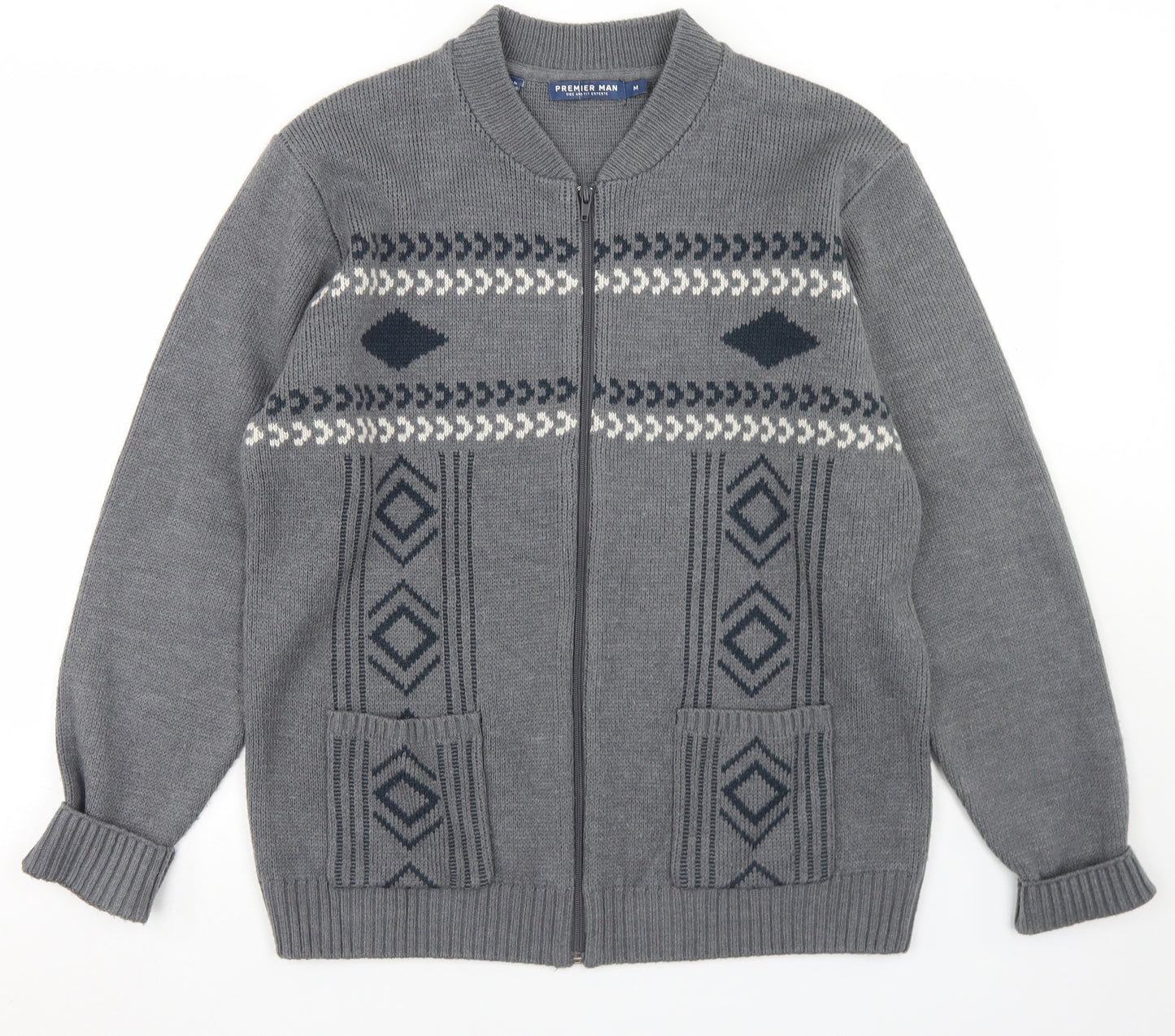 Premier Man Mens Grey Mock Neck Argyle/Diamond Acrylic Full Zip Jumper Size M