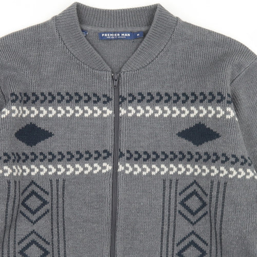 Premier Man Mens Grey Mock Neck Argyle/Diamond Acrylic Full Zip Jumper Size M