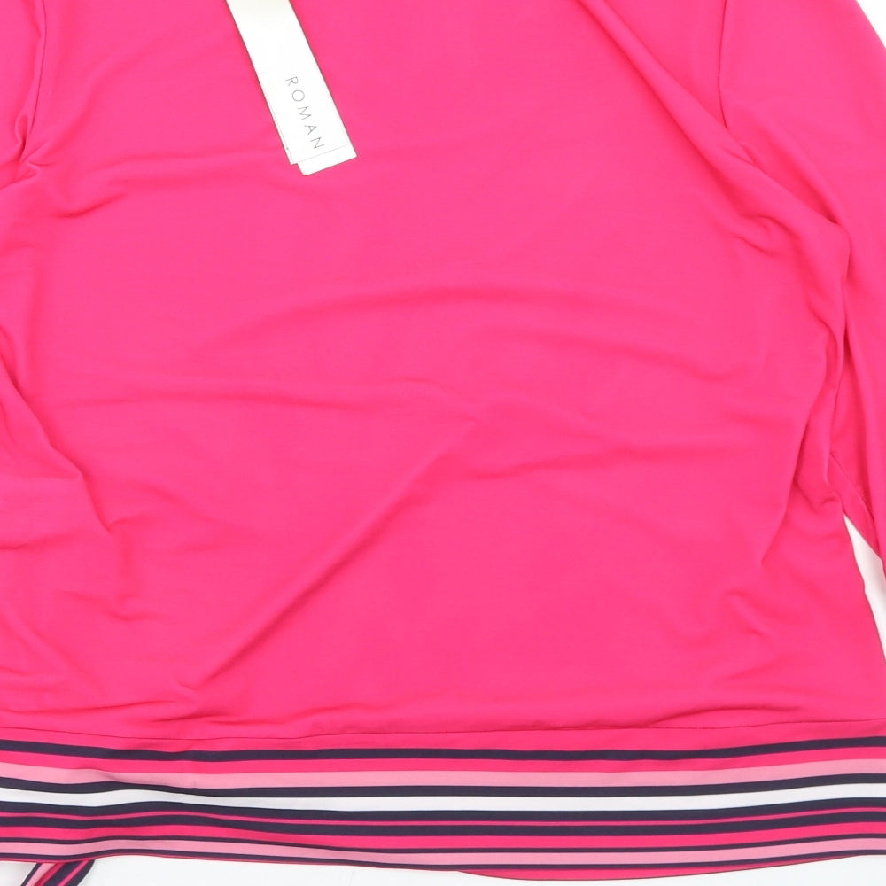 Roman Womens Pink Floral Polyester Basic Blouse Size 16 Round Neck - Tie Front