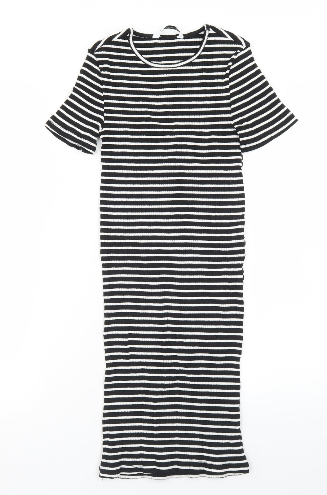 Stradivarius Womens Black Striped Cotton Bodycon  Size M  Crew Neck