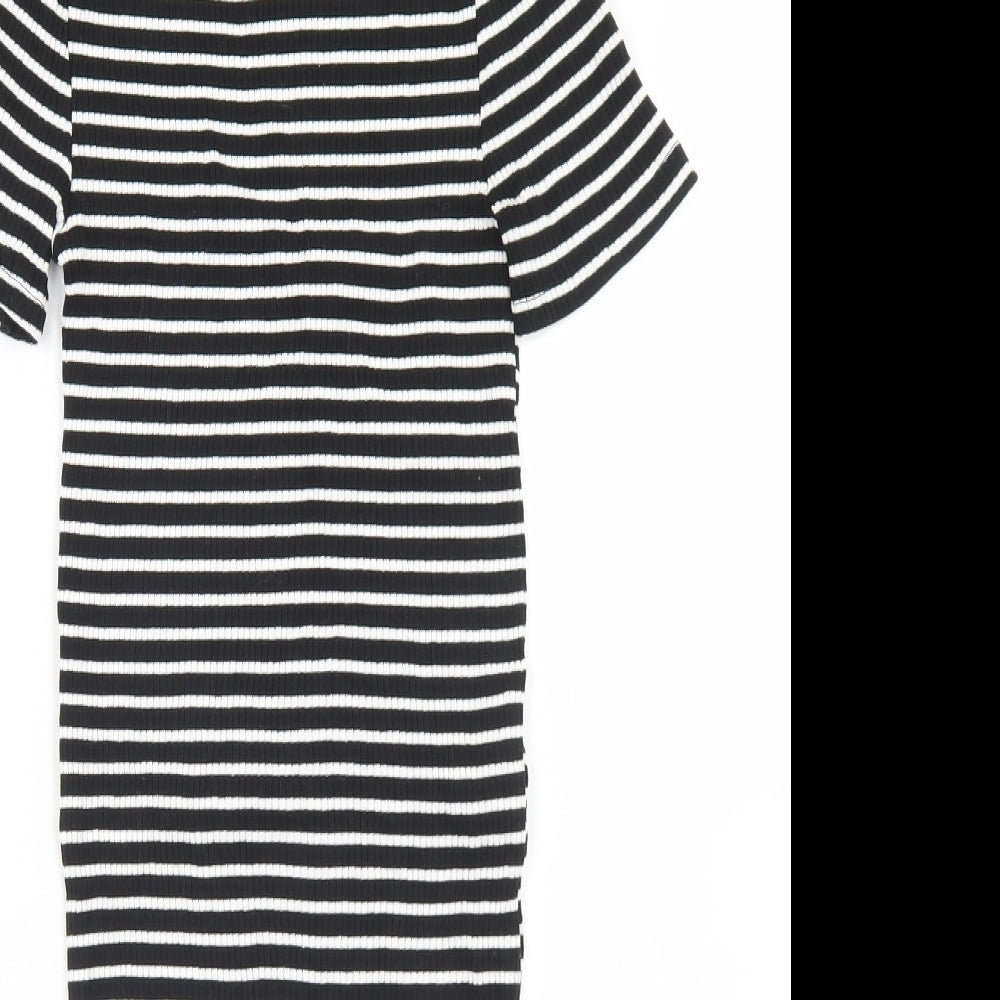 Stradivarius Womens Black Striped Cotton Bodycon  Size M  Crew Neck