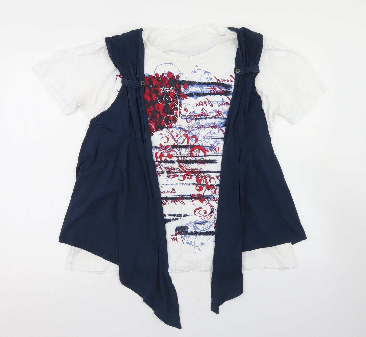 Isle Womens White  Cotton Basic T-Shirt Size L Crew Neck - With Waistcoat