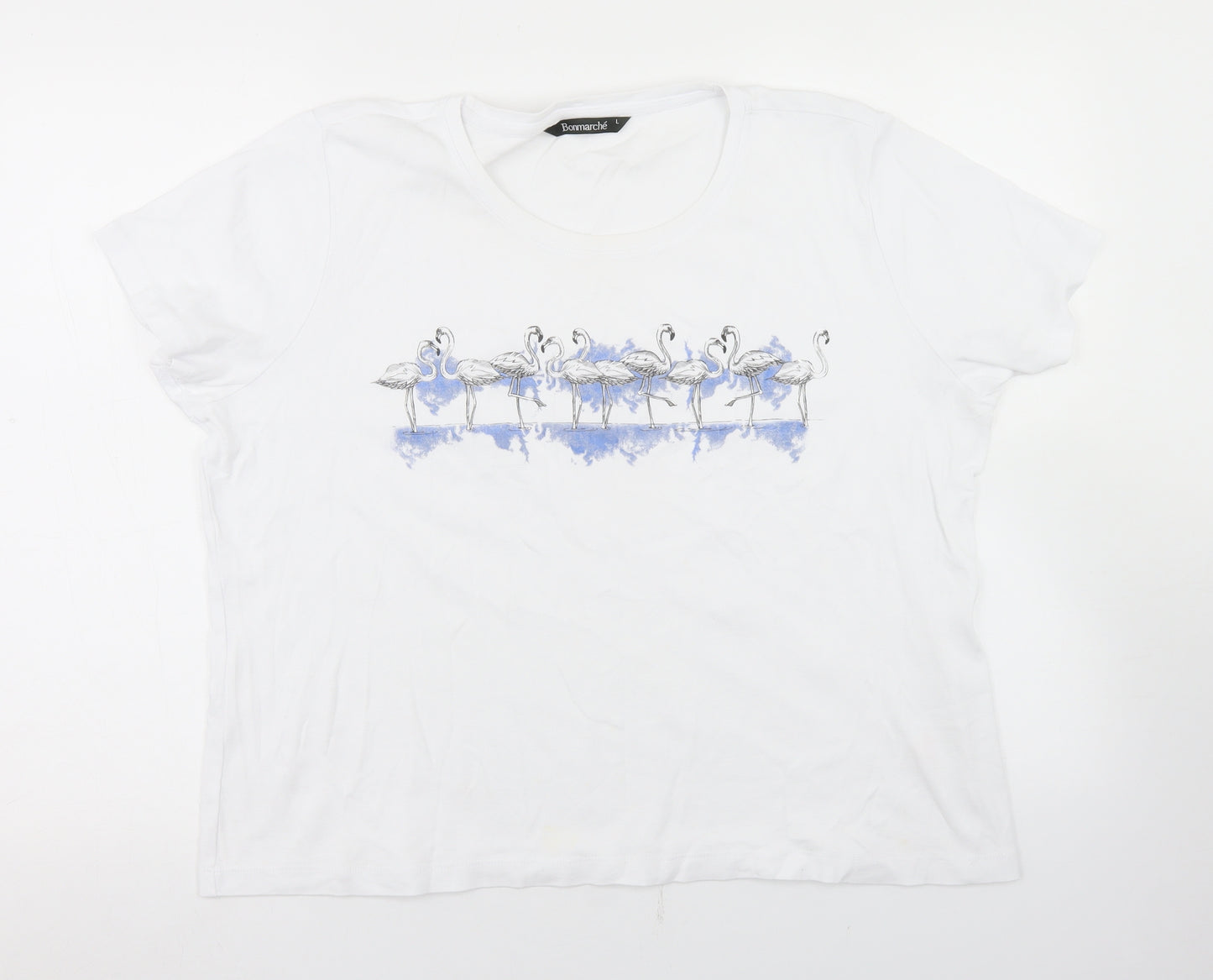 Bonmarché Womens White  Cotton Basic T-Shirt Size L Crew Neck - Flamingo