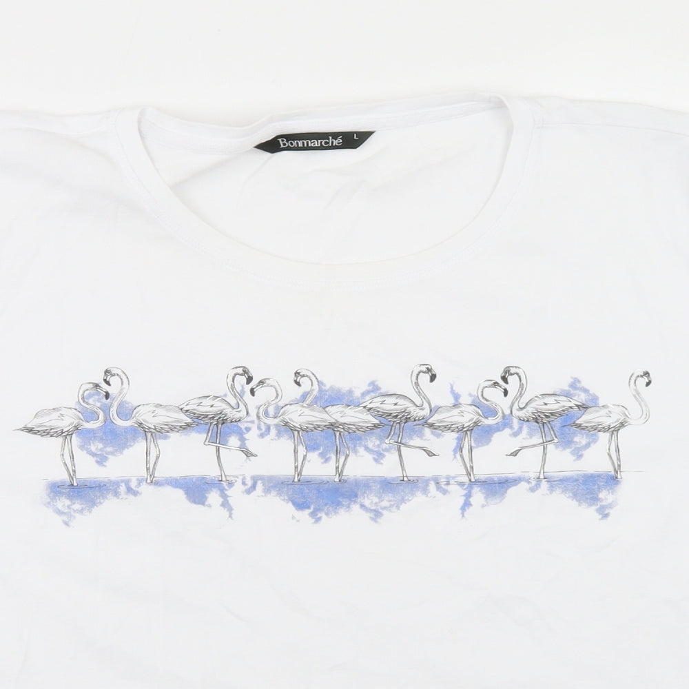 Bonmarché Womens White  Cotton Basic T-Shirt Size L Crew Neck - Flamingo