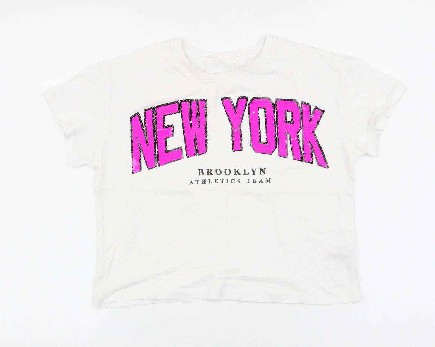 Dunnes Stores Girls White  100% Cotton Cropped T-Shirt Size 10-11 Years Round Neck Pullover - New York