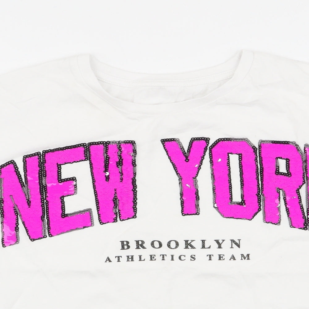 Dunnes Stores Girls White  100% Cotton Cropped T-Shirt Size 10-11 Years Round Neck Pullover - New York
