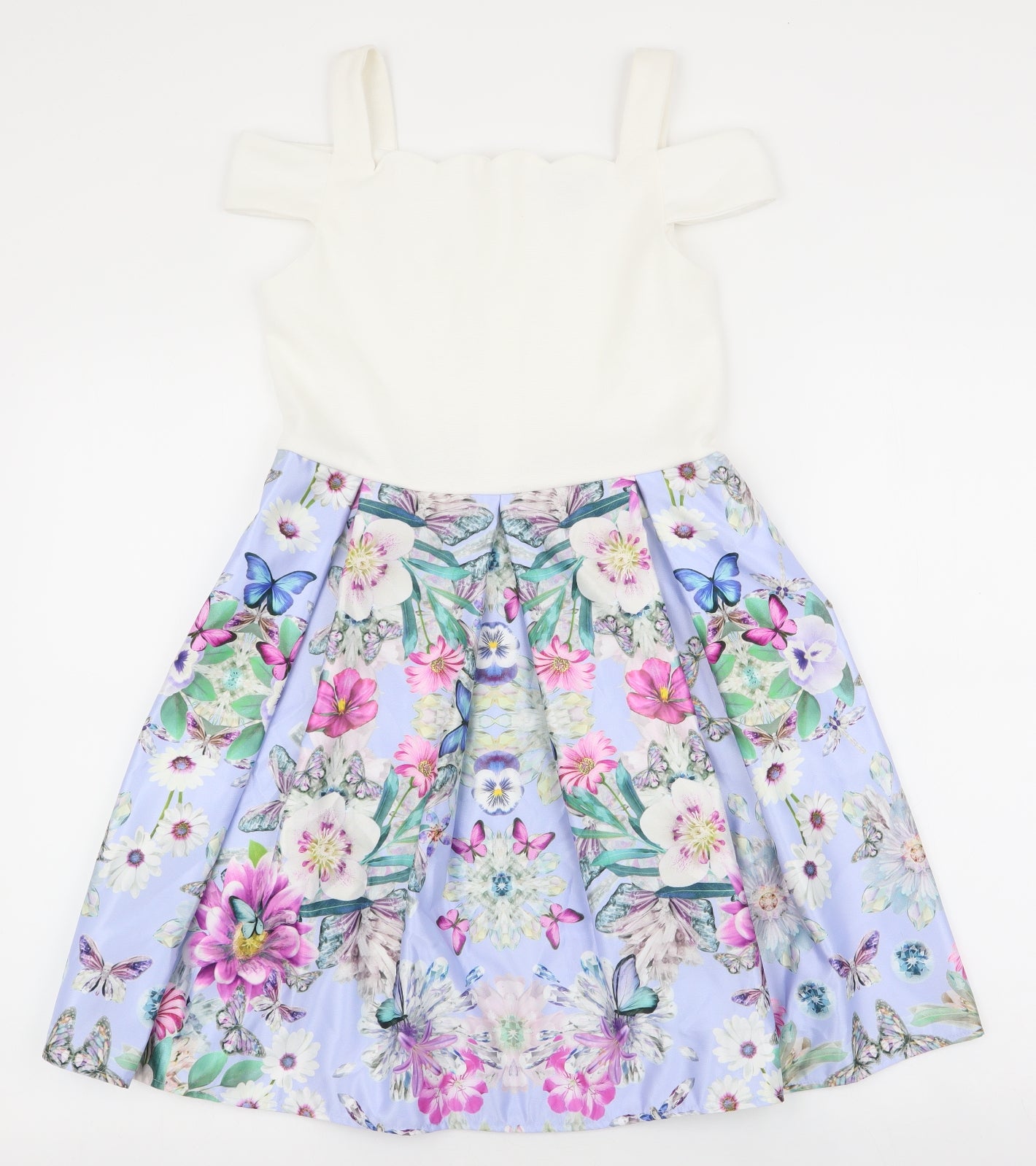 Lola Maverick Girls Multicoloured Floral 100% Polyester Skater Dress  Size 12 Years  Off the Shoulder Zip