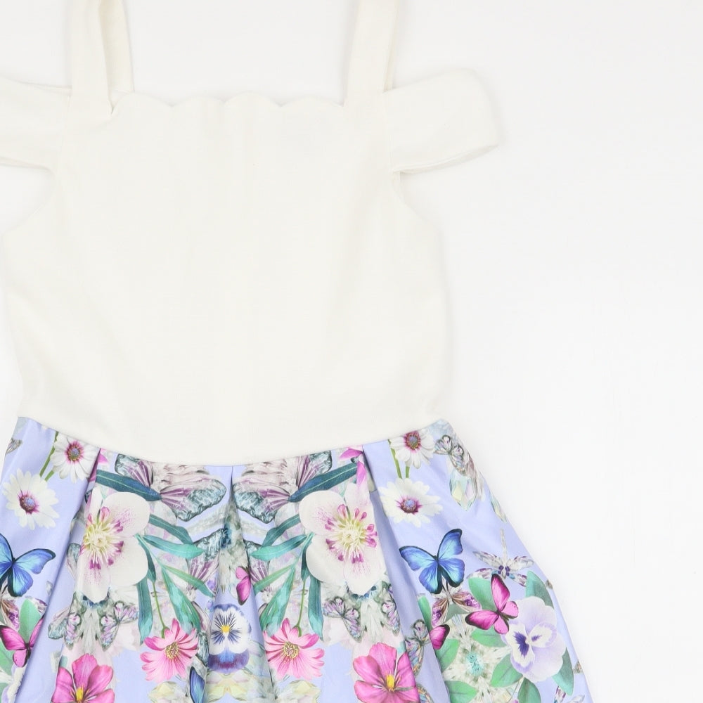 Lola Maverick Girls Multicoloured Floral 100% Polyester Skater Dress  Size 12 Years  Off the Shoulder Zip