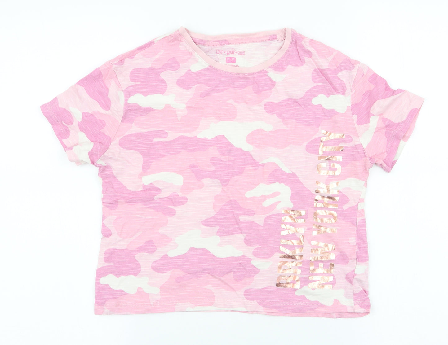 F&F Girls Pink Camouflage 100% Cotton Cropped T-Shirt Size 10-11 Years Round Neck Pullover