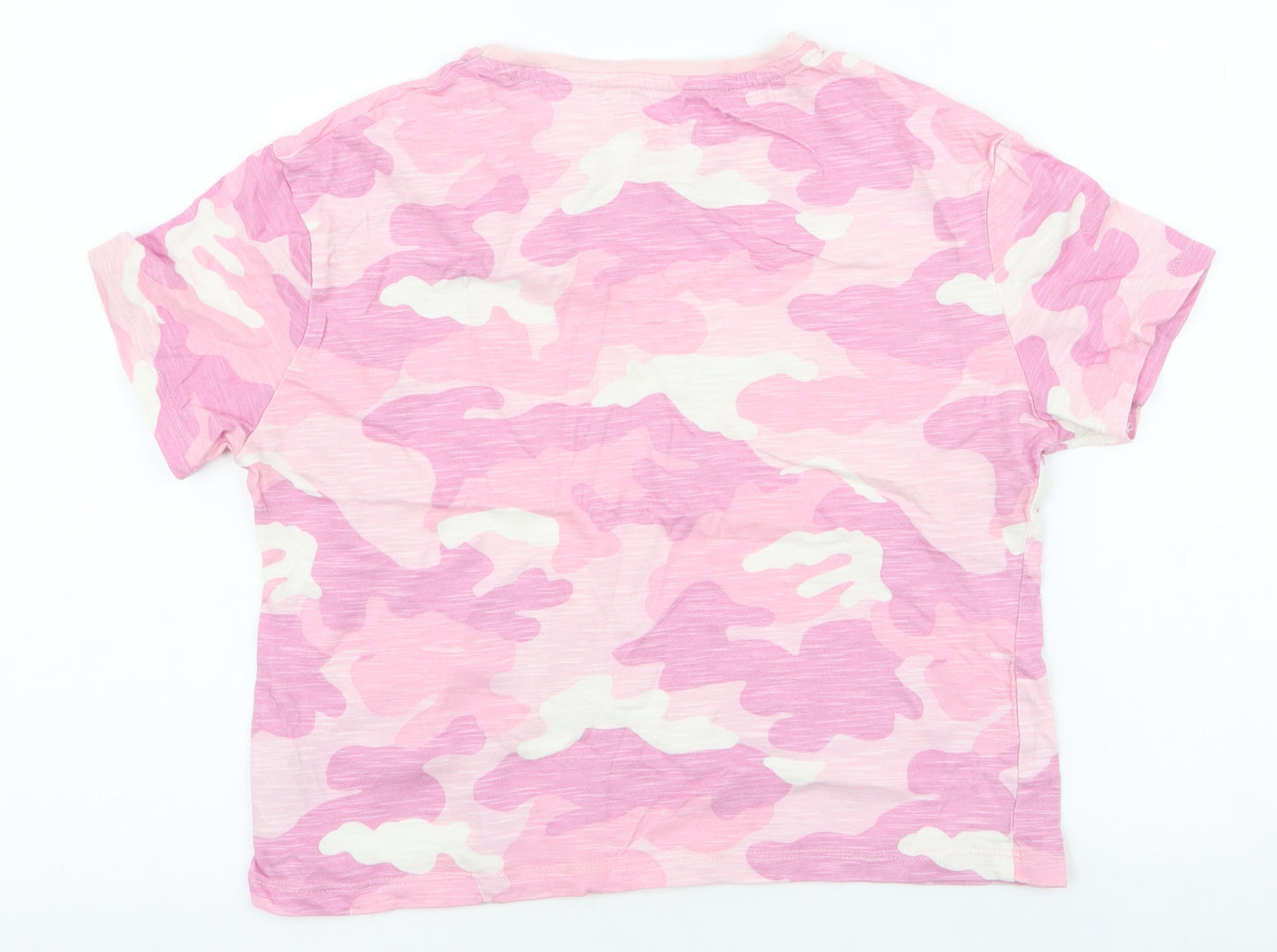 F&F Girls Pink Camouflage 100% Cotton Cropped T-Shirt Size 10-11 Years Round Neck Pullover