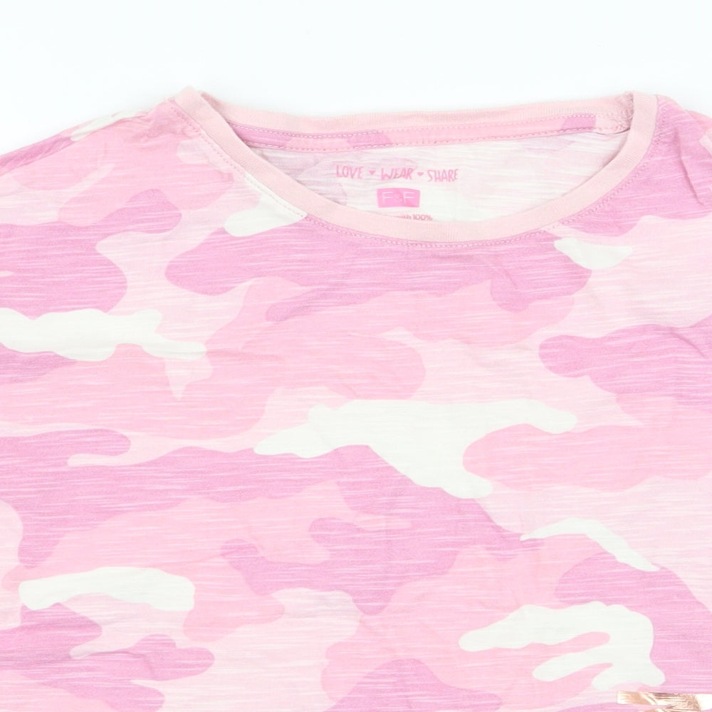 F&F Girls Pink Camouflage 100% Cotton Cropped T-Shirt Size 10-11 Years Round Neck Pullover