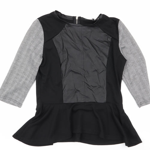 mystify Womens Black Herringbone Polyester Jersey Blouse Size L Round Neck