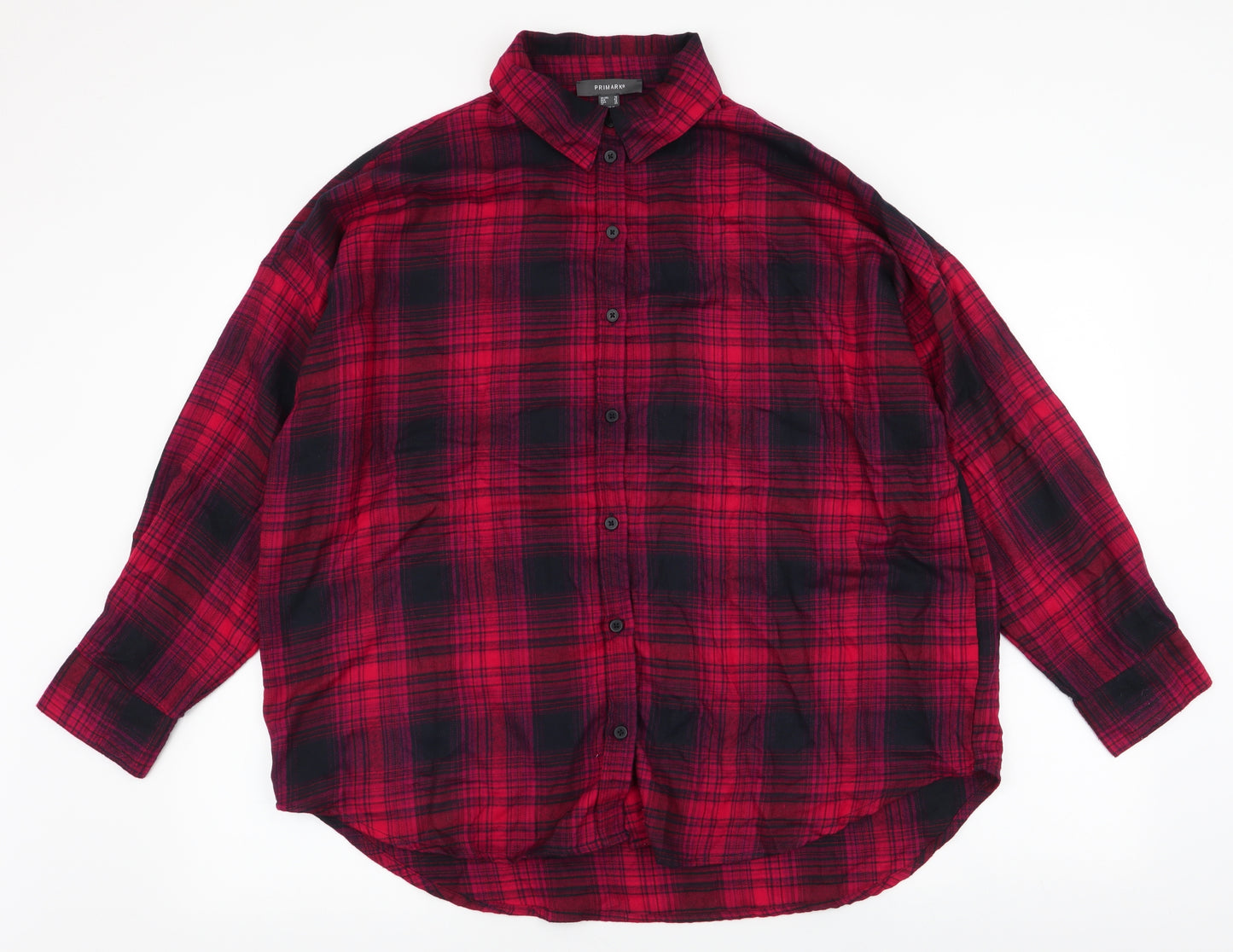 Primark Womens Red Plaid Polyester Jersey Button-Up Size 14 Collared