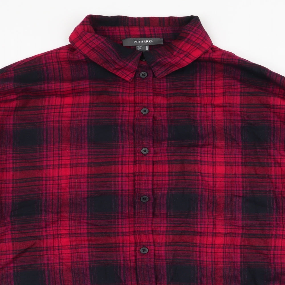 Primark Womens Red Plaid Polyester Jersey Button-Up Size 14 Collared