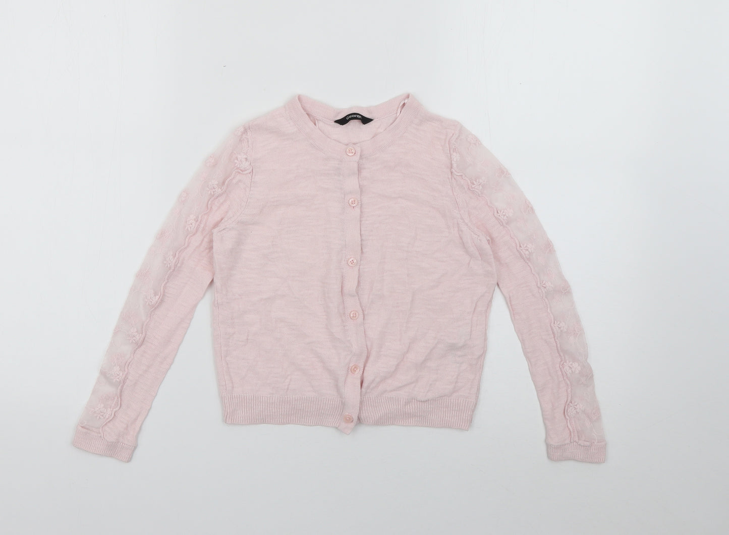 George Girls Pink Crew Neck  Cotton Cardigan Jumper Size 6-7 Years  Button - Lace
