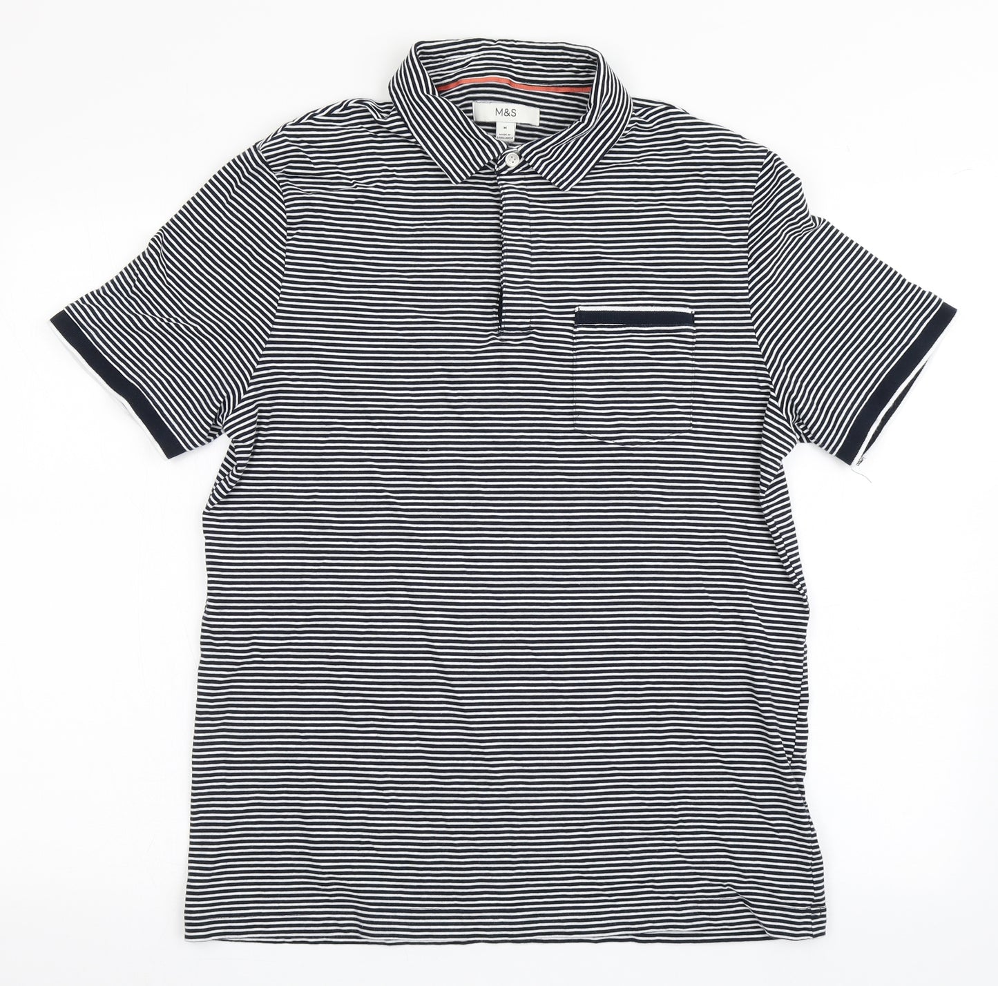 Marks and Spencer Mens Blue Striped 100% Cotton  Polo Size M Collared Pullover