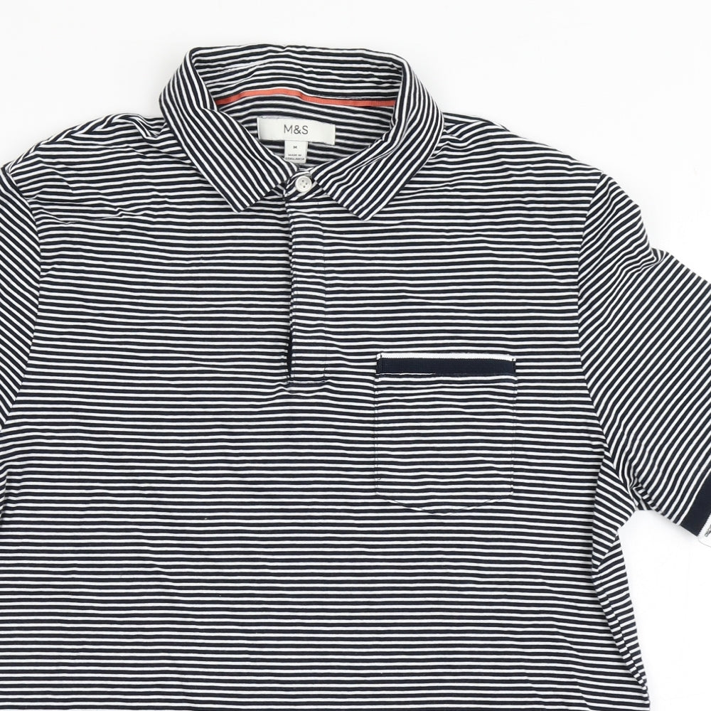 Marks and Spencer Mens Blue Striped 100% Cotton  Polo Size M Collared Pullover