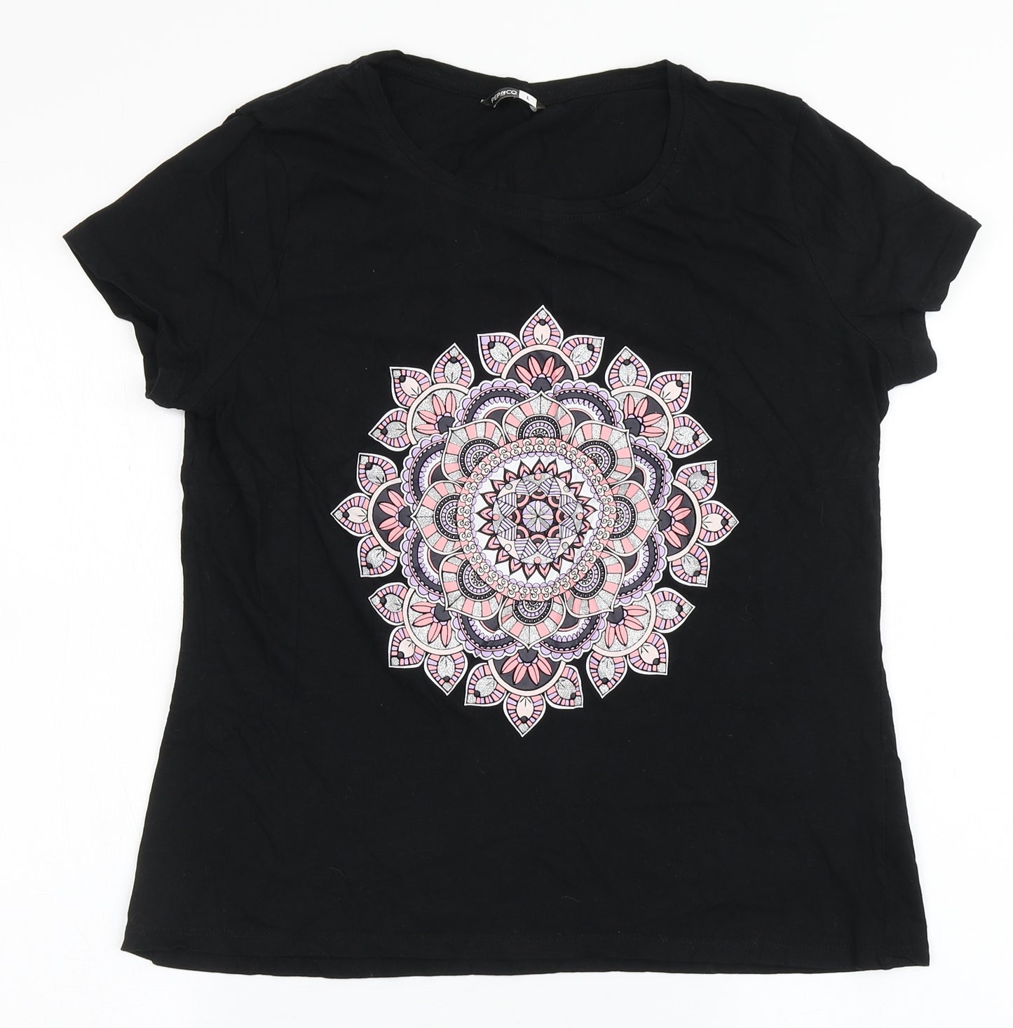 Pep&Co Womens Black  100% Cotton Basic T-Shirt Size L Round Neck