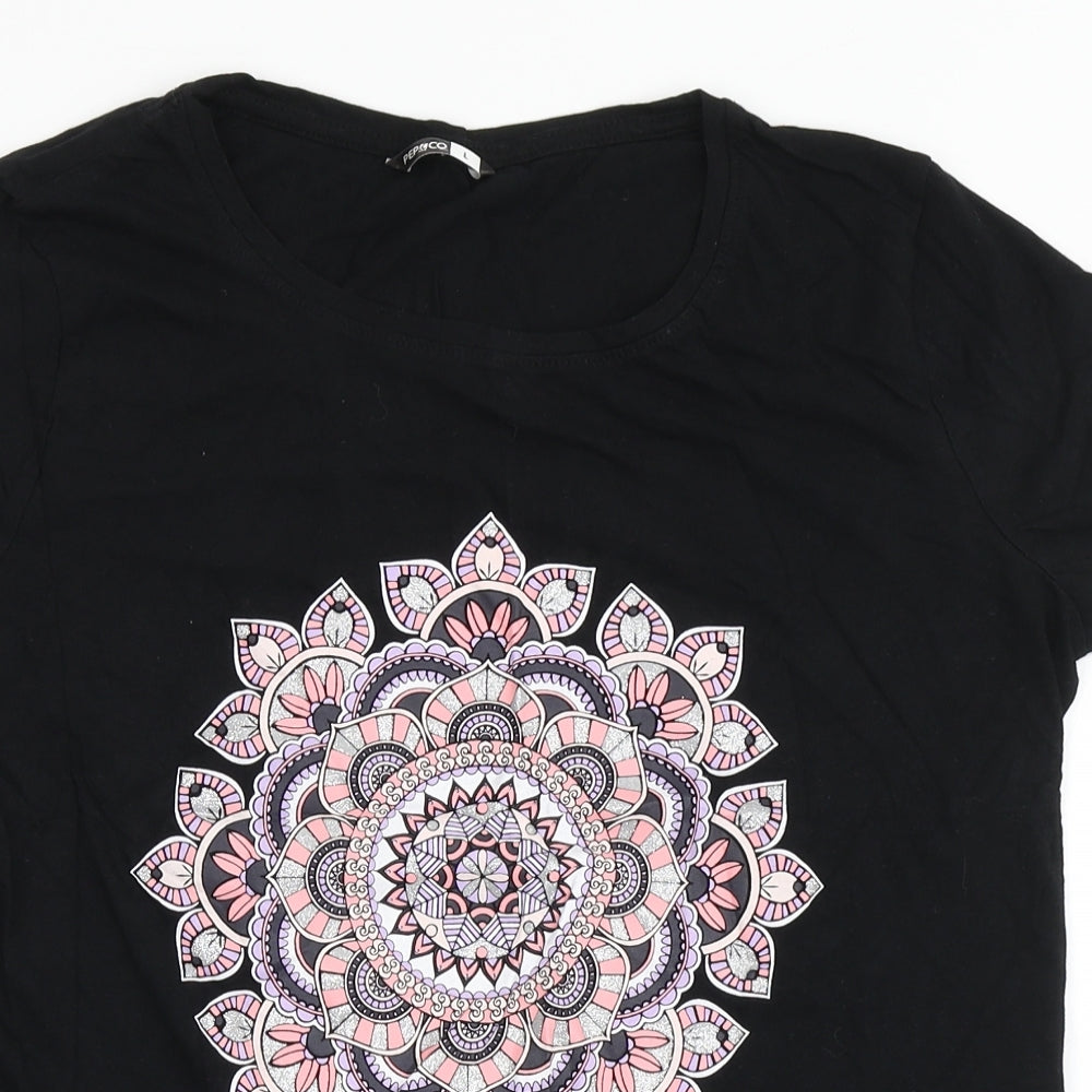 Pep&Co Womens Black  100% Cotton Basic T-Shirt Size L Round Neck