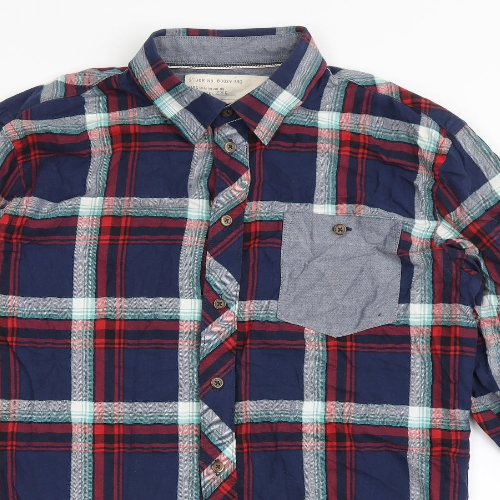 Minimum Mens Blue Check Cotton  Button-Up Size M Collared Buckle