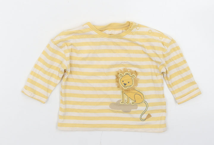 Marks and Spencer Boys Yellow Striped Cotton Basic T-Shirt Size 3-6 Months Crew Neck Snap - Lion
