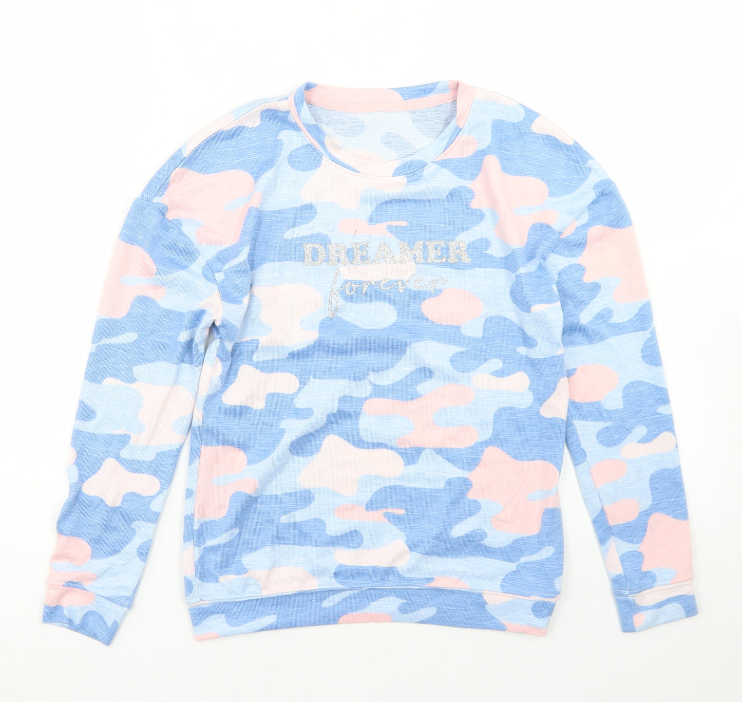 Dunnes Stores Girls Blue Camouflage Polyester Basic T-Shirt Size 9-10 Years Crew Neck  - Dreamer Forever