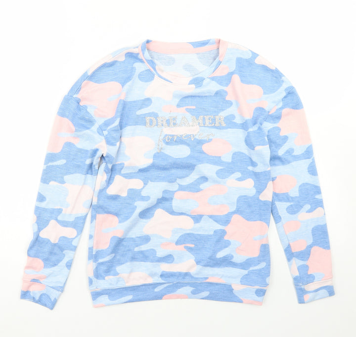 Dunnes Stores Girls Blue Camouflage Polyester Basic T-Shirt Size 9-10 Years Crew Neck - Dreamer Forever