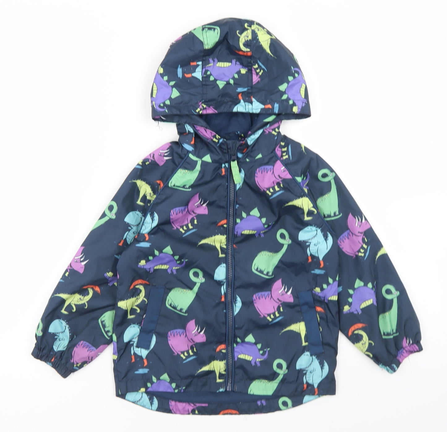 TU Boys Blue Geometric  Windbreaker Jacket Size 3-4 Years  Zip - Fleece Lined, Dinosaur Print