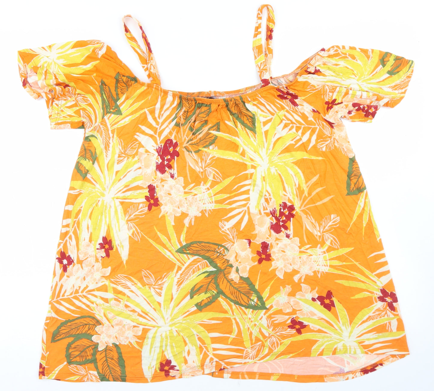 Dorothy Perkins Womens Orange Floral Viscose Basic T-Shirt Size 16 Off the Shoulder - Cold Shoulder