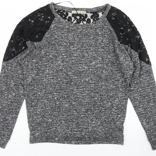 Atmosphere Womens Grey  Polyester Basic T-Shirt Size 6 Round Neck - Lace Sleeve Detail