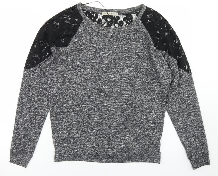 Atmosphere Womens Grey Polyester Basic T-Shirt Size 6 Round Neck - Lace Sleeve Detail