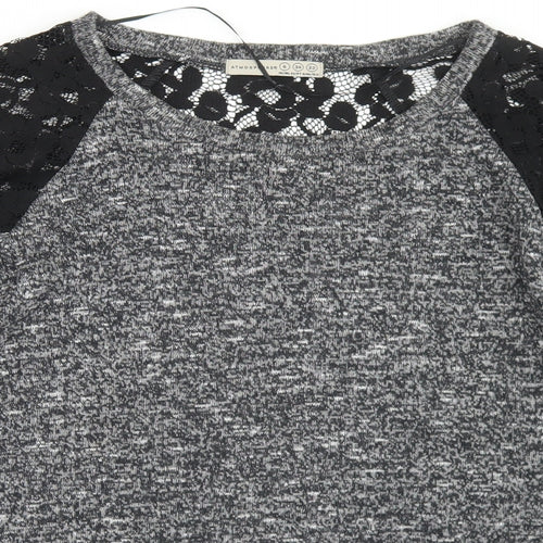 Atmosphere Womens Grey  Polyester Basic T-Shirt Size 6 Round Neck - Lace Sleeve Detail