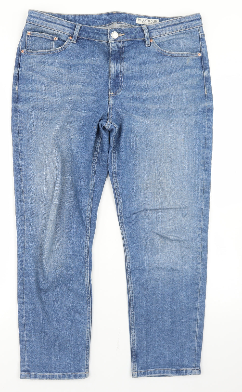 Marks and Spencer Womens Blue  Cotton Straight Jeans Size 14 L25 in Relaxed Button - Short Leg