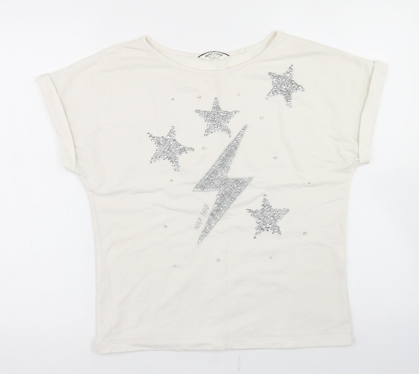 NAF NAF Womens White  Polyester Basic T-Shirt Size M Crew Neck - Lightning bolt