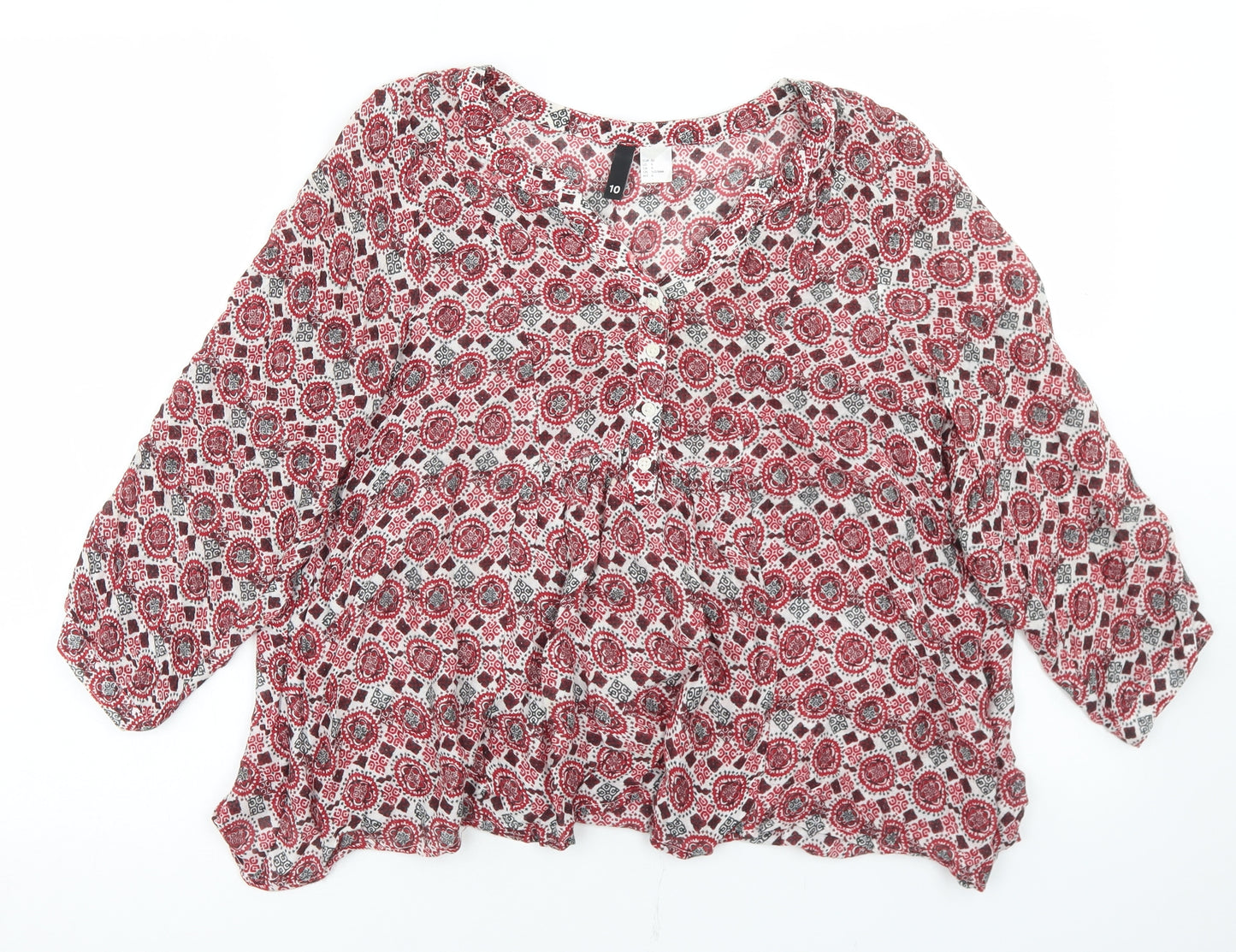 Divided Womens Red Floral Polyester Basic Blouse Size 10 Round Neck