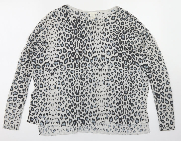 H&M Womens Grey Round Neck Animal Print Acrylic Pullover Jumper Size XS