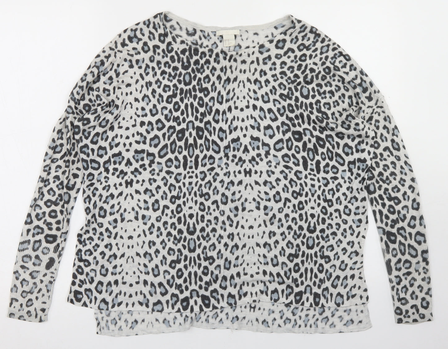 H&M Womens Grey Round Neck Animal Print Acrylic Pullover Jumper Size XS