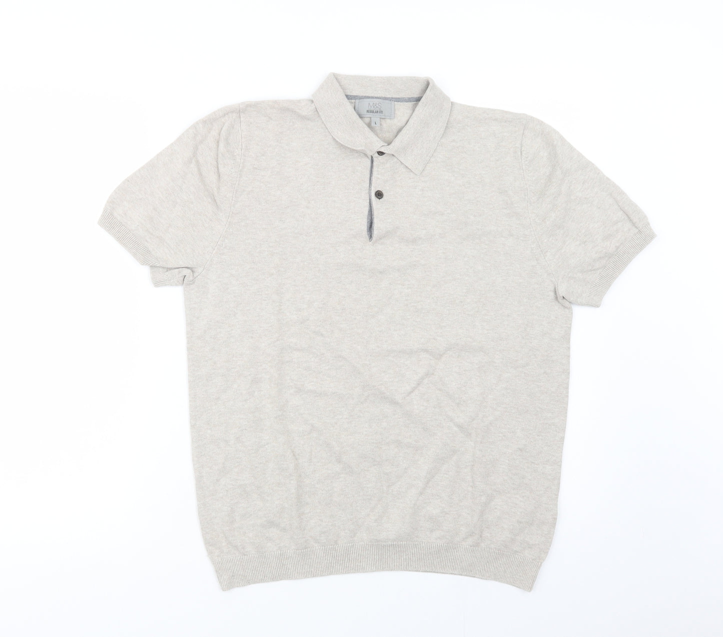 Marks and Spencer Mens Beige  Cotton  Polo Size L Collared Button
